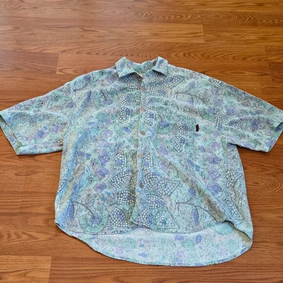 Vintage 90s Gotcha Button Down Shirt Purple Green Abstract Floral Skater Medium - Picture 1 of 14